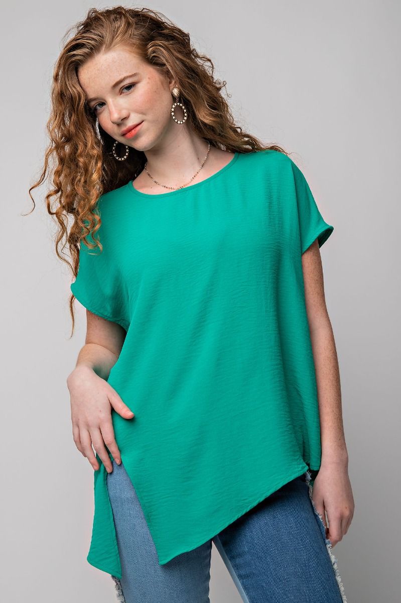 Easel Plus Diagonal Seam Woven Loose Boxy Fit Keyhole Tops