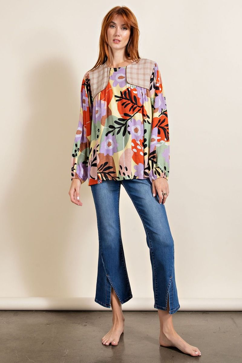 Easel Plus Mixed Print Crew Neck Loose Fit Tops