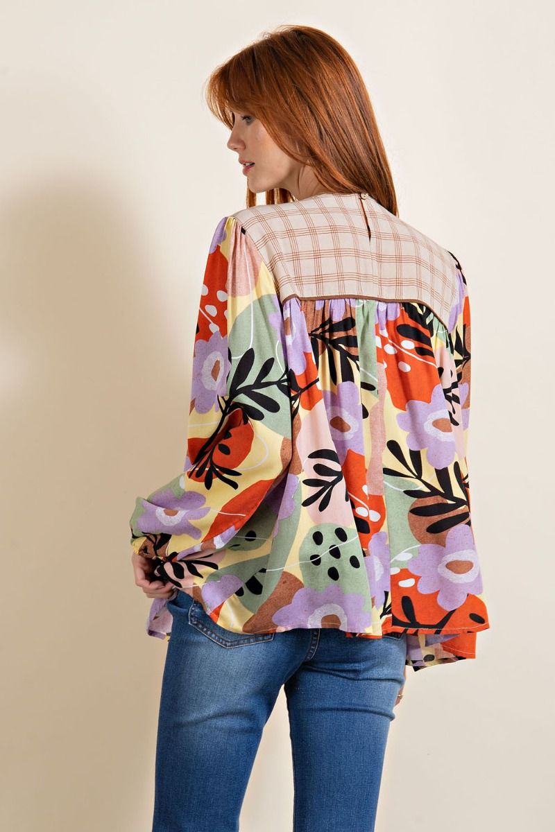 Easel Plus Mixed Print Crew Neck Loose Fit Tops