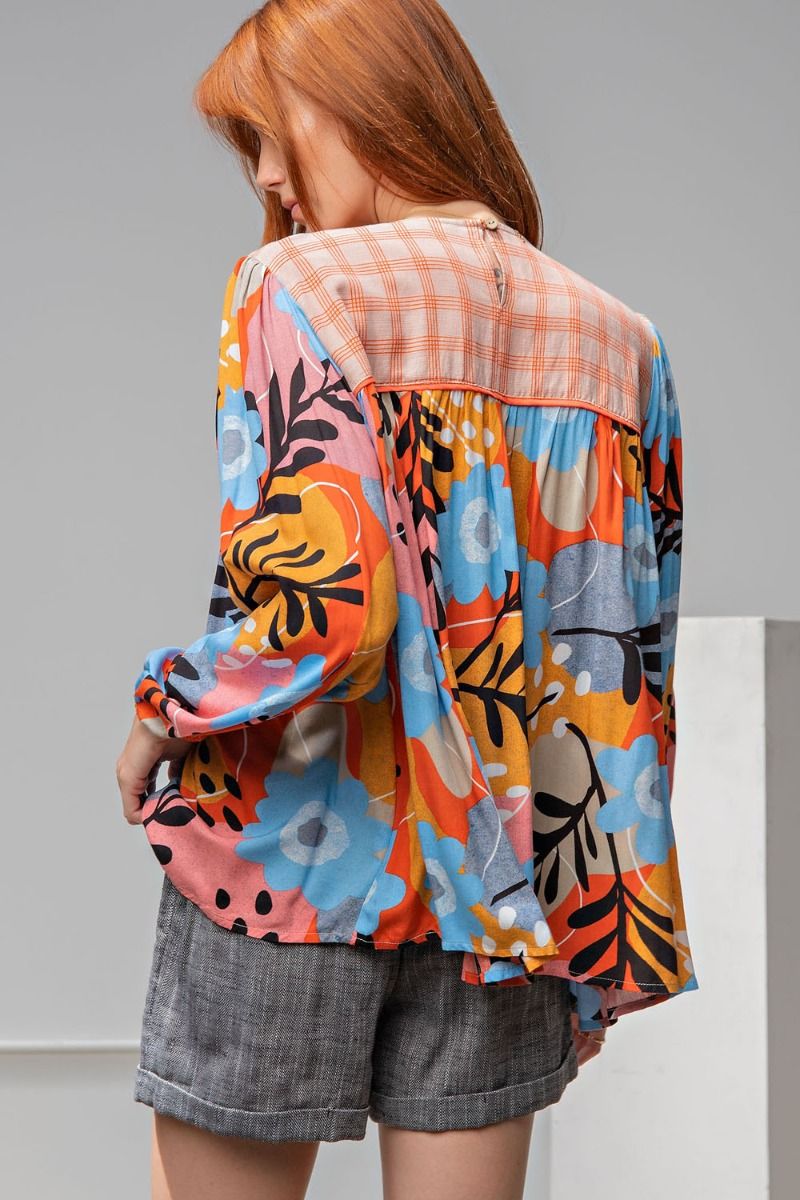 Easel Plus Mixed Print Crew Neck Loose Fit Tops