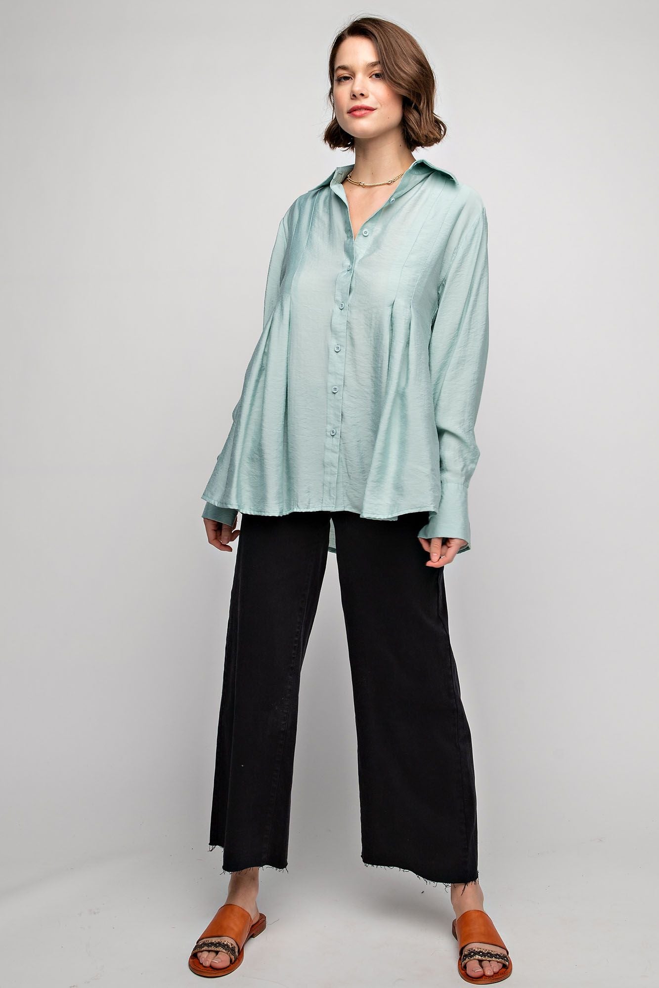 Easel Plus Pleated Button Down Long Sleeve Shirt Tops