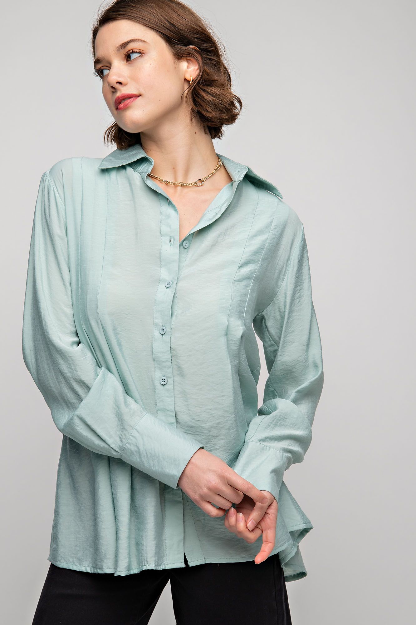 Easel Plus Pleated Button Down Long Sleeve Shirt Tops