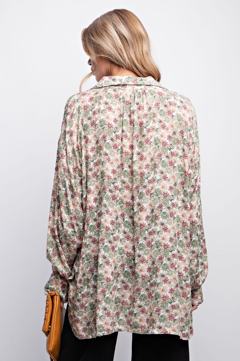 Easel Plus Floral Printed Gauze Button Down Shirt Tops