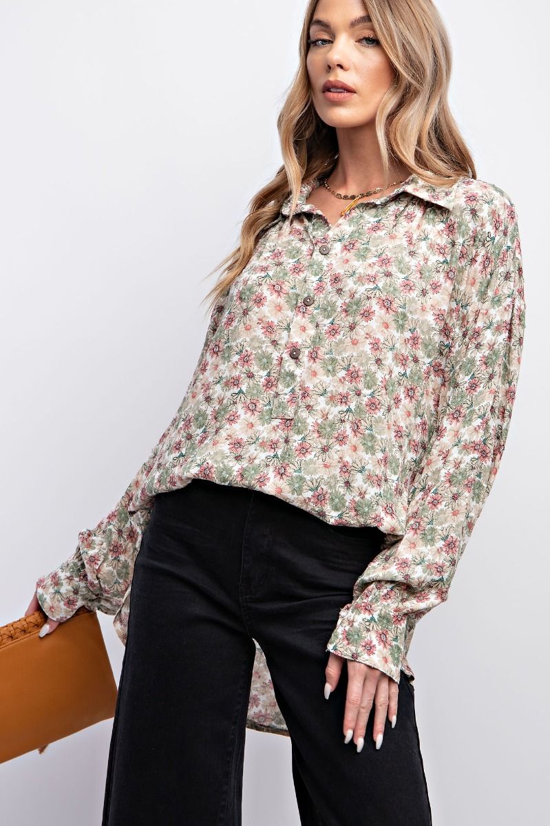 Easel Plus Floral Printed Gauze Button Down Shirt Tops