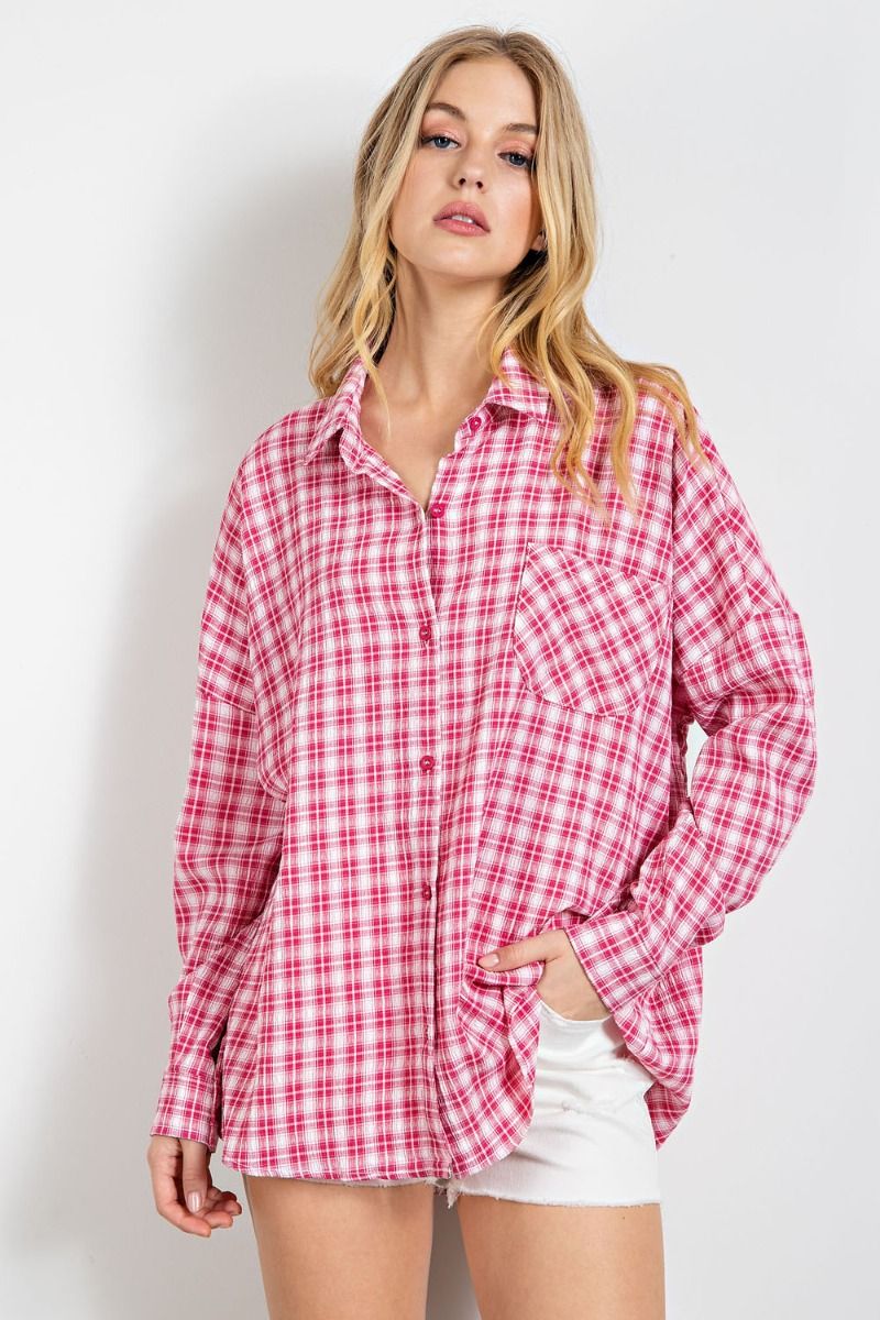 Easel Plus Plaid Crinkled Button Down Shirt Tops
