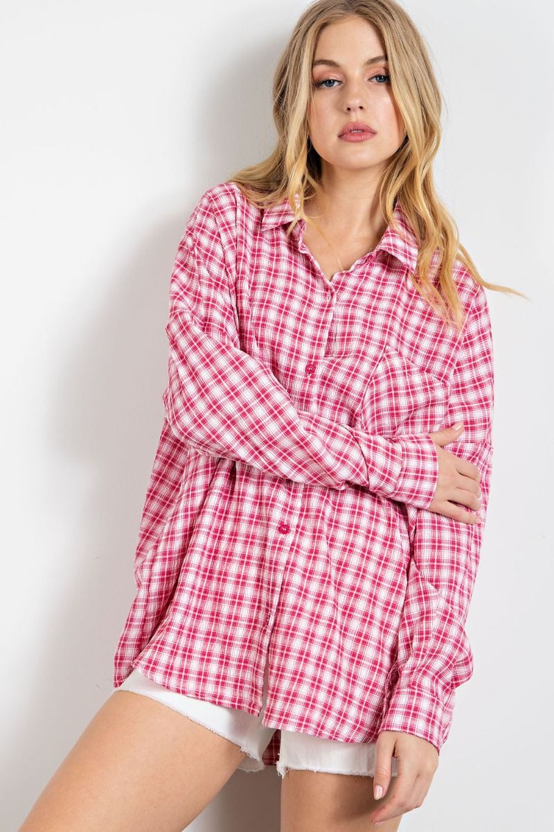 Easel Plus Plaid Crinkled Button Down Shirt Tops