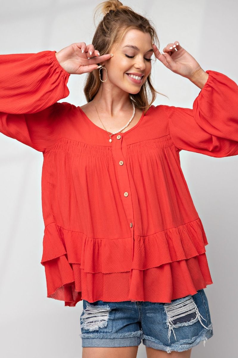 Easel Plus Elastic Cuffs Tiered Ruffle Gauze Tunic Tops