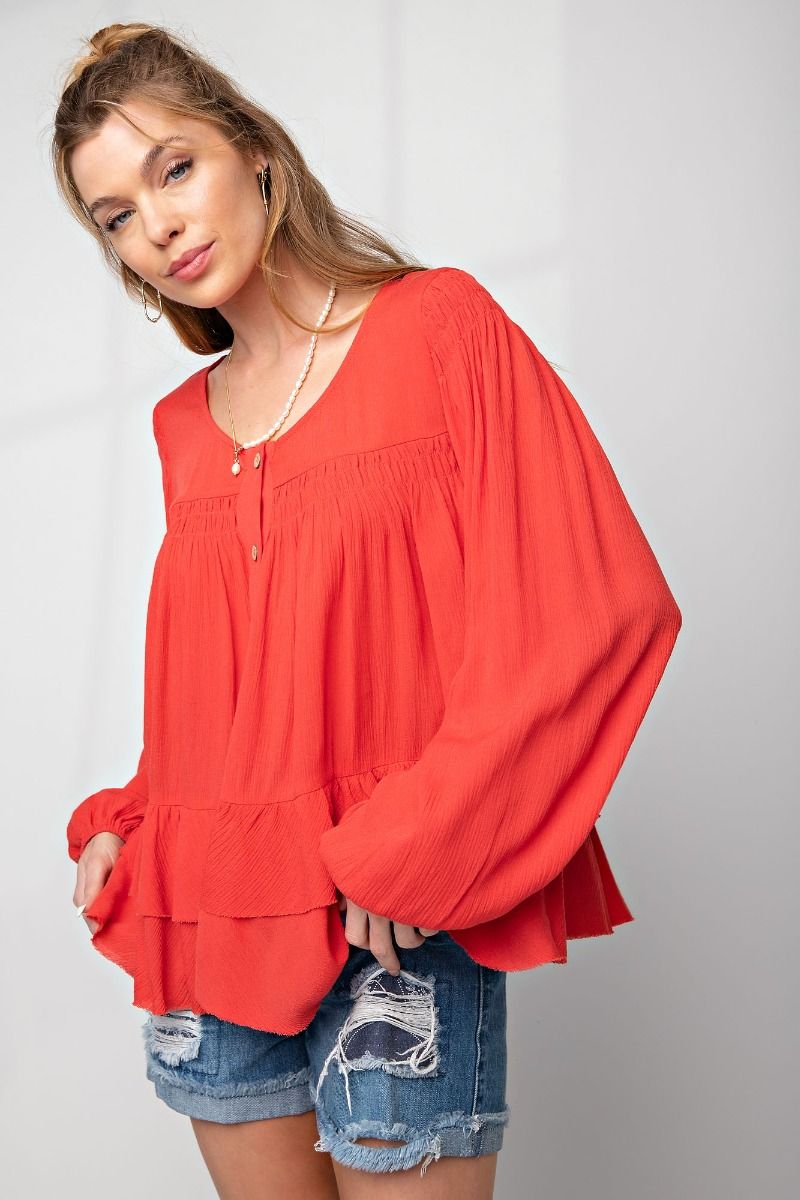 Easel Plus Elastic Cuffs Tiered Ruffle Gauze Tunic Tops