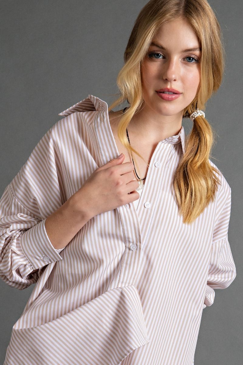 Easel Plus Striped Button Down Cotton Voile Bottom Hem Shirt Tops