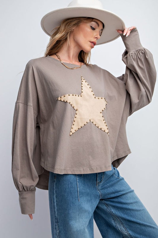 Easel Plus Suede Star Patch Cotton Jersey Rounded Neck Tops
