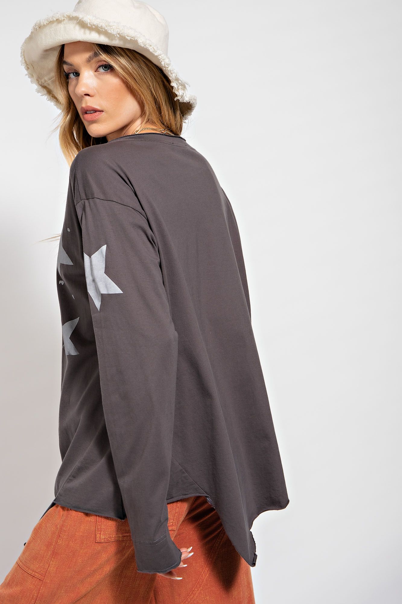 Easel Plus Star Printed Raw Edges Detail Cotton Tops
