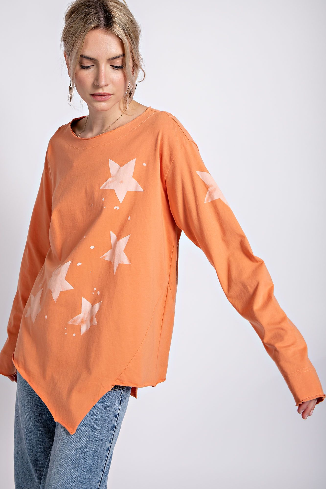 Easel Plus Star Printed Raw Edges Detail Cotton Tops