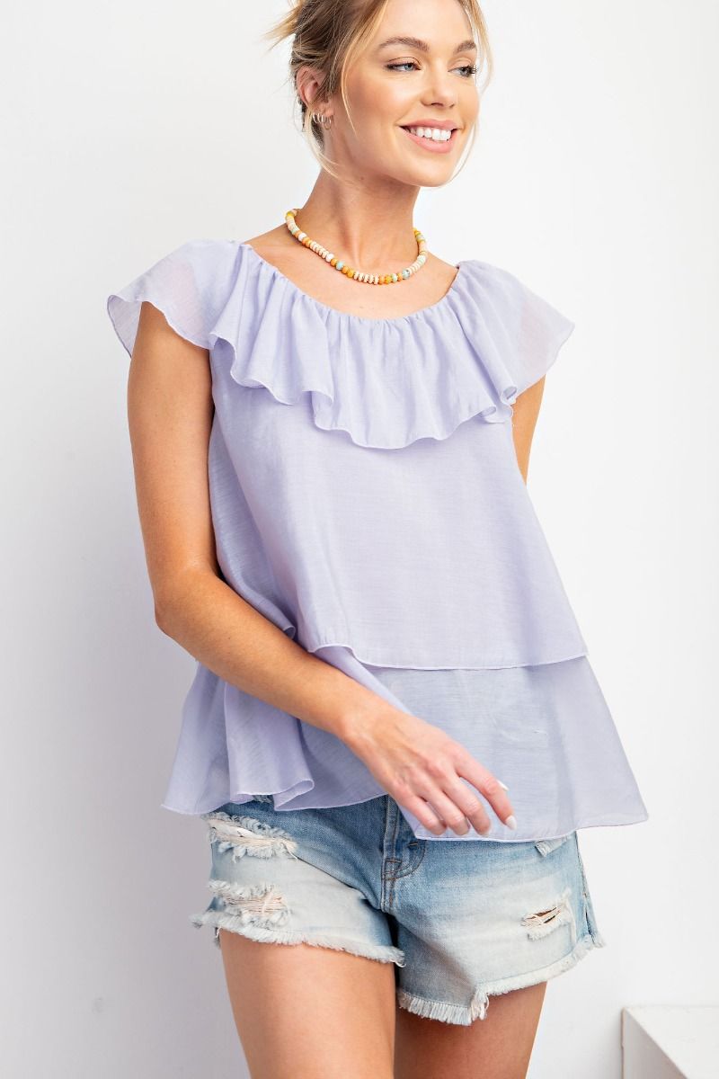 Easel Plus Silky Chiffon Ruffled U Neck Relaxed Tops