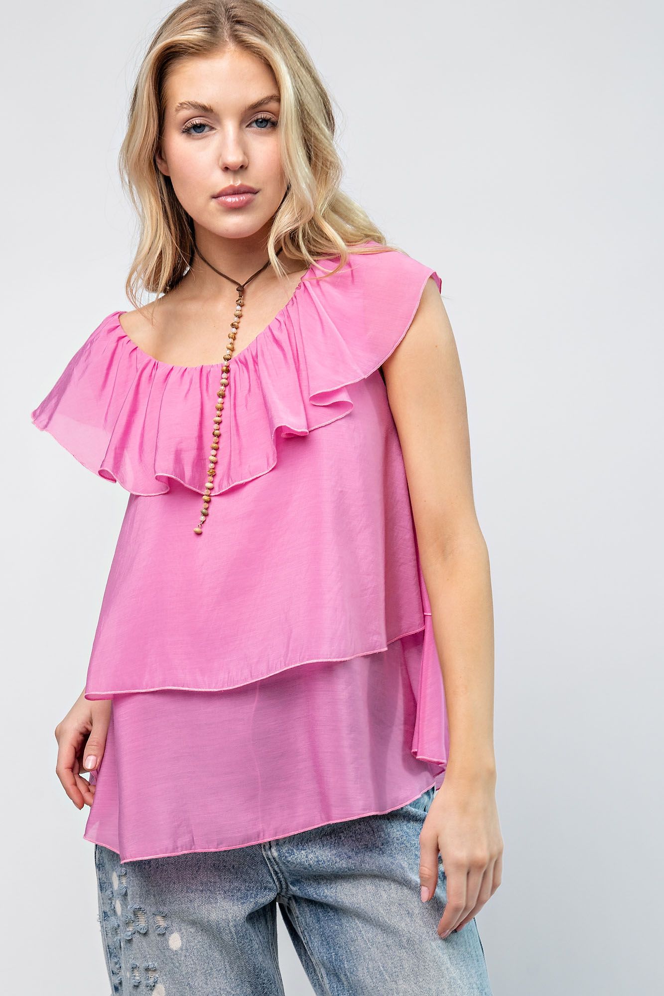 Easel Plus Silky Chiffon Ruffled U Neck Relaxed Tops