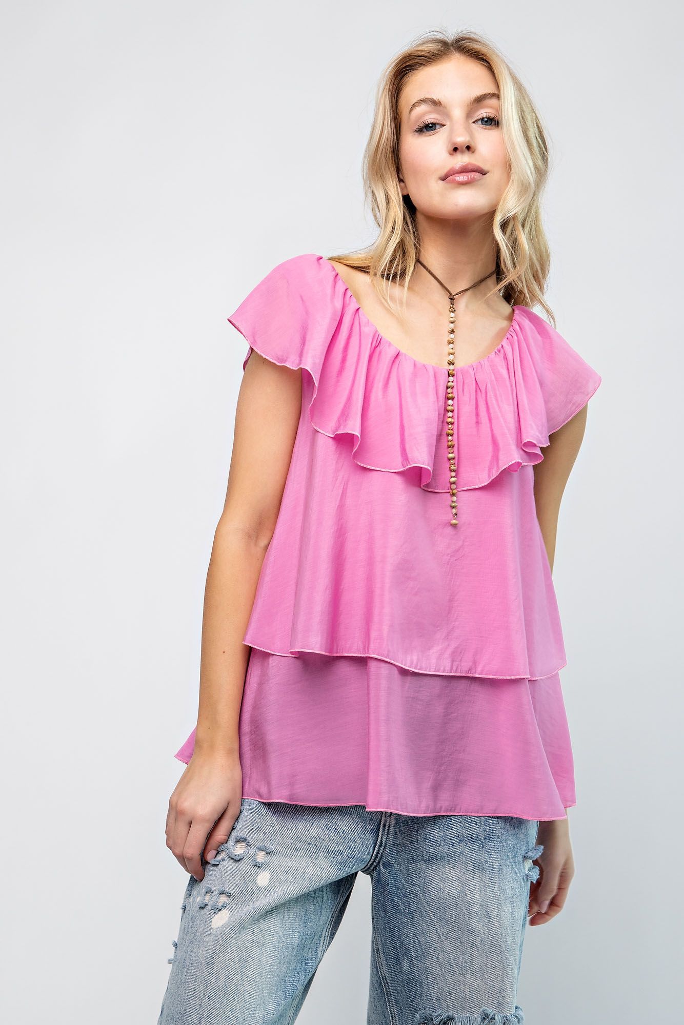 Easel Plus Silky Chiffon Ruffled U Neck Relaxed Tops