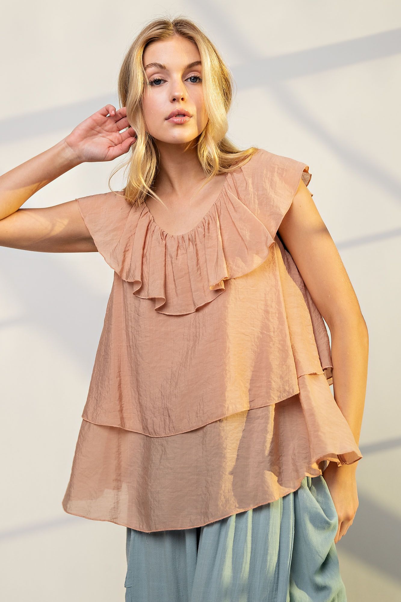 Easel Plus Silky Chiffon Ruffled U Neck Relaxed Tops