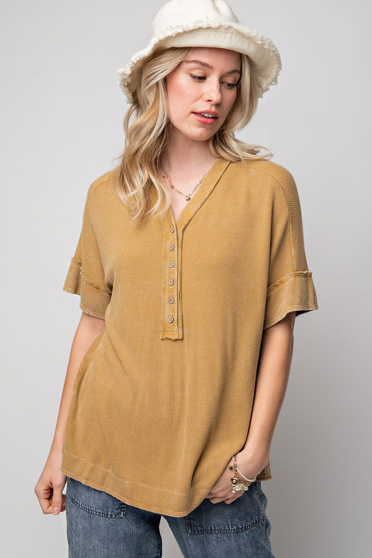 Easel Plus Thermal And Voile Mix Half Button Down Textured Tops