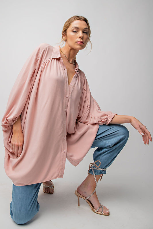 Easel Plus Mineral Washed Dolman Sleeve Button Down Tunic Tops