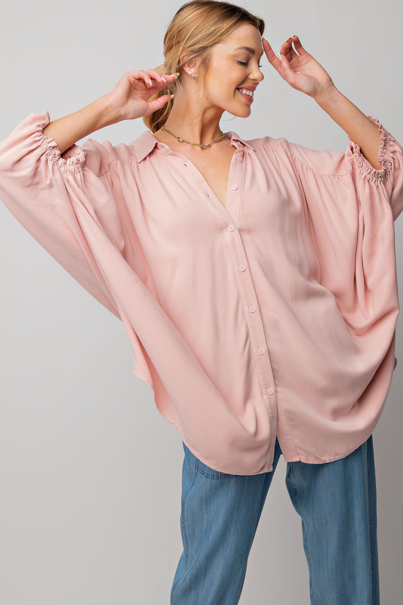 Easel Plus Mineral Washed Dolman Sleeve Button Down Tunic Tops