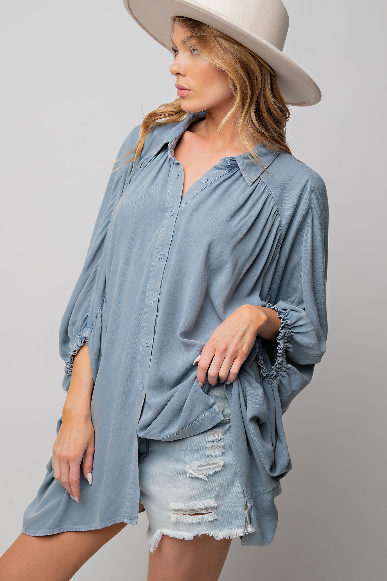 Easel Plus Mineral Washed Dolman Sleeve Button Down Tunic Tops