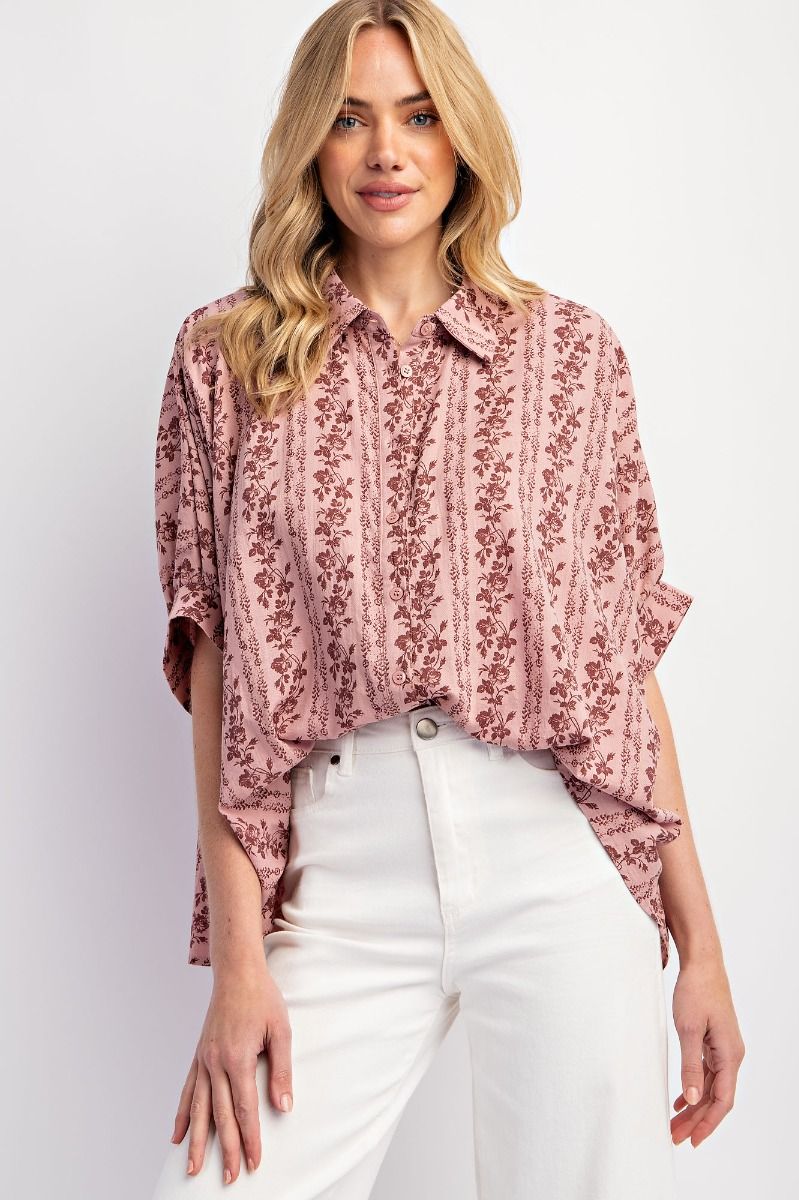 Easel Plus Floral Printed Cotton Gauze Shirt Tops