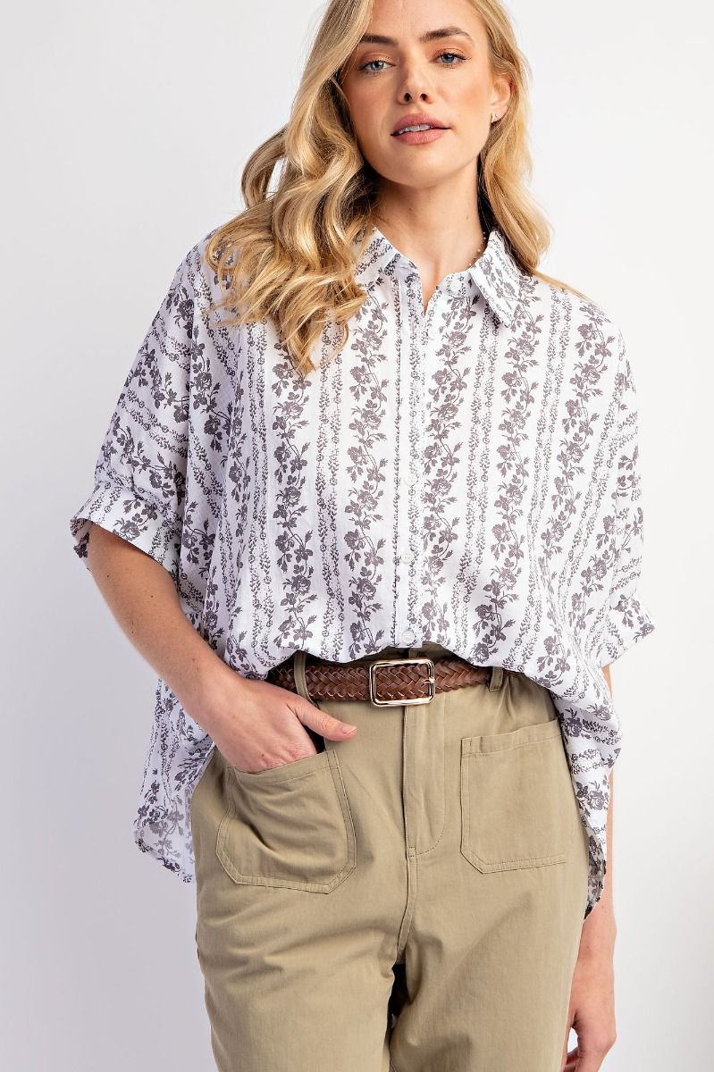 Easel Plus Floral Printed Cotton Gauze Shirt Tops