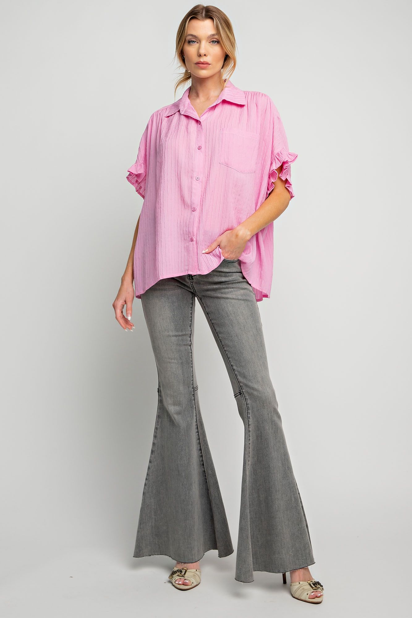 Easel Plus Bubble Gum Pink Textured Woven Ruffle Top