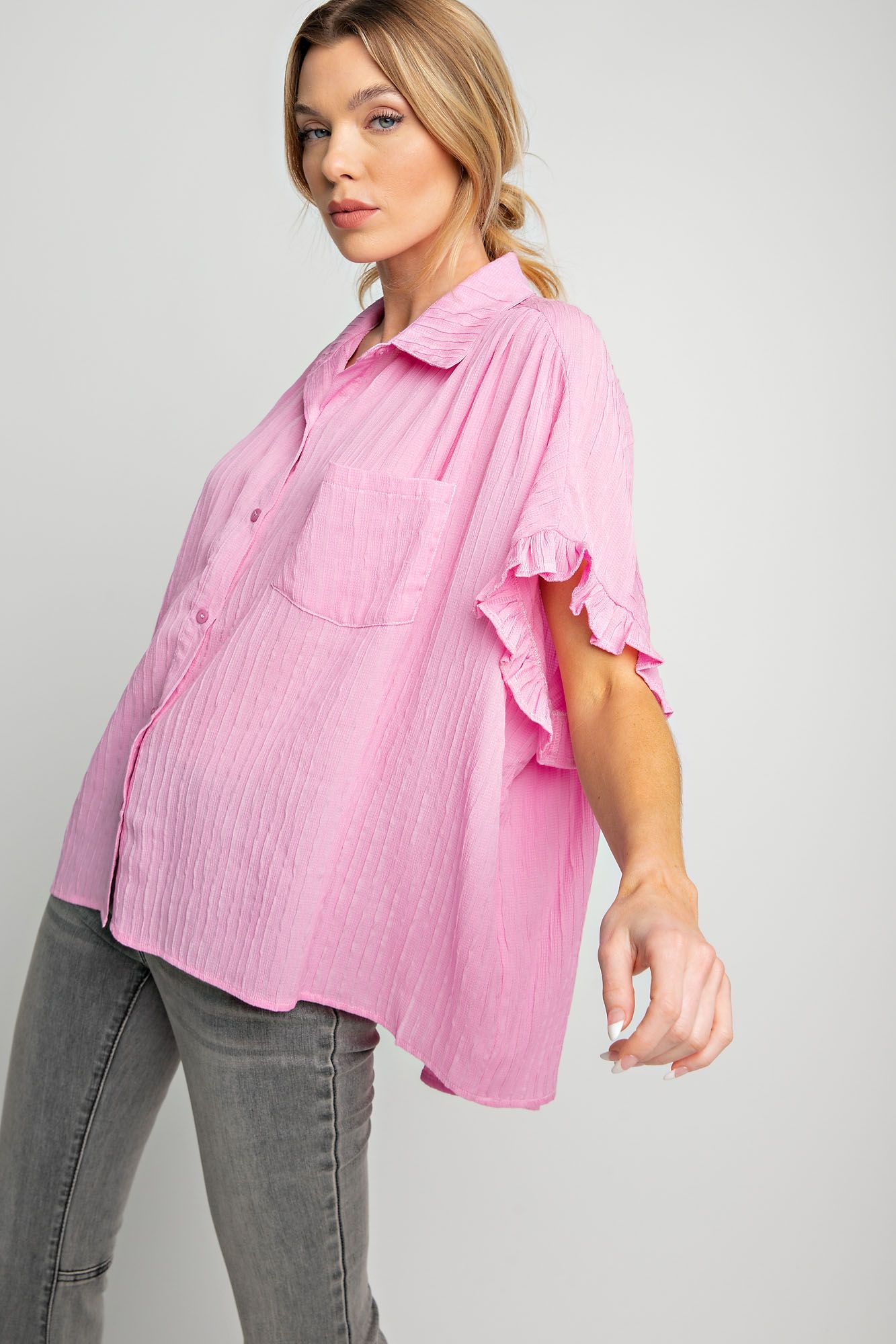 Easel Plus Bubble Gum Pink Textured Woven Ruffle Top