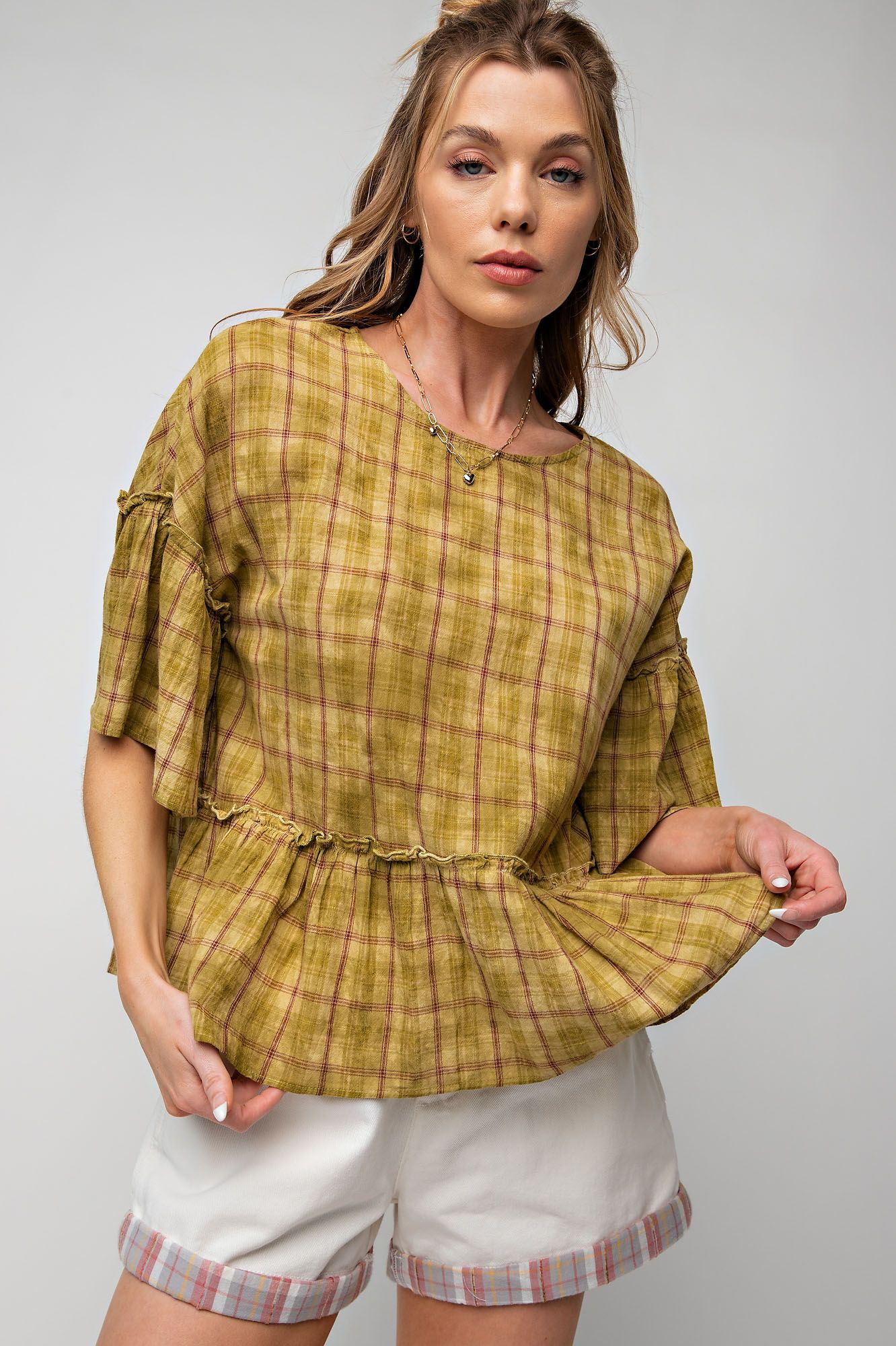 Easel Plus Overdye Washed Plaid Ruffle Bottom Tops