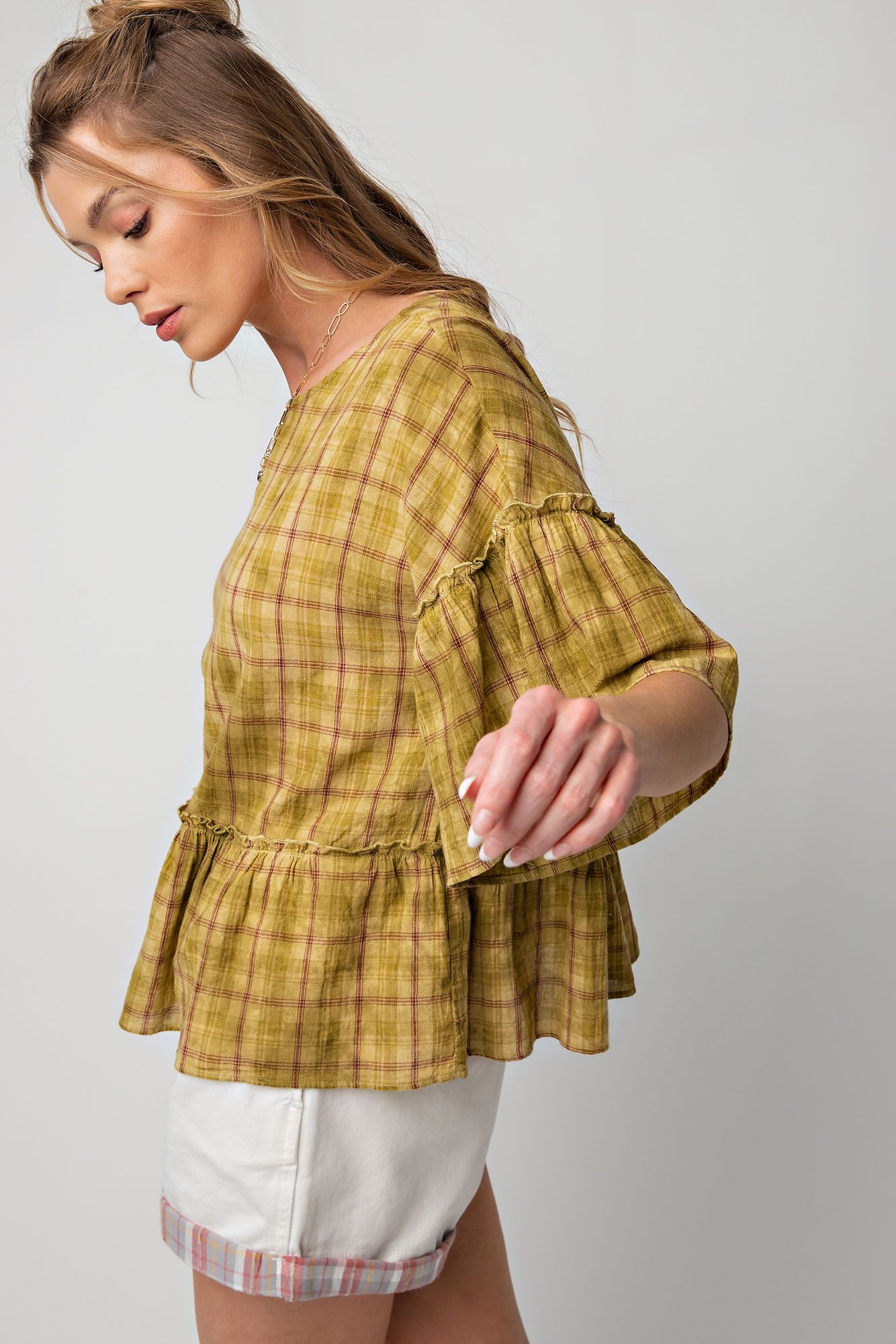 Easel Plus Overdye Washed Plaid Ruffle Bottom Tops