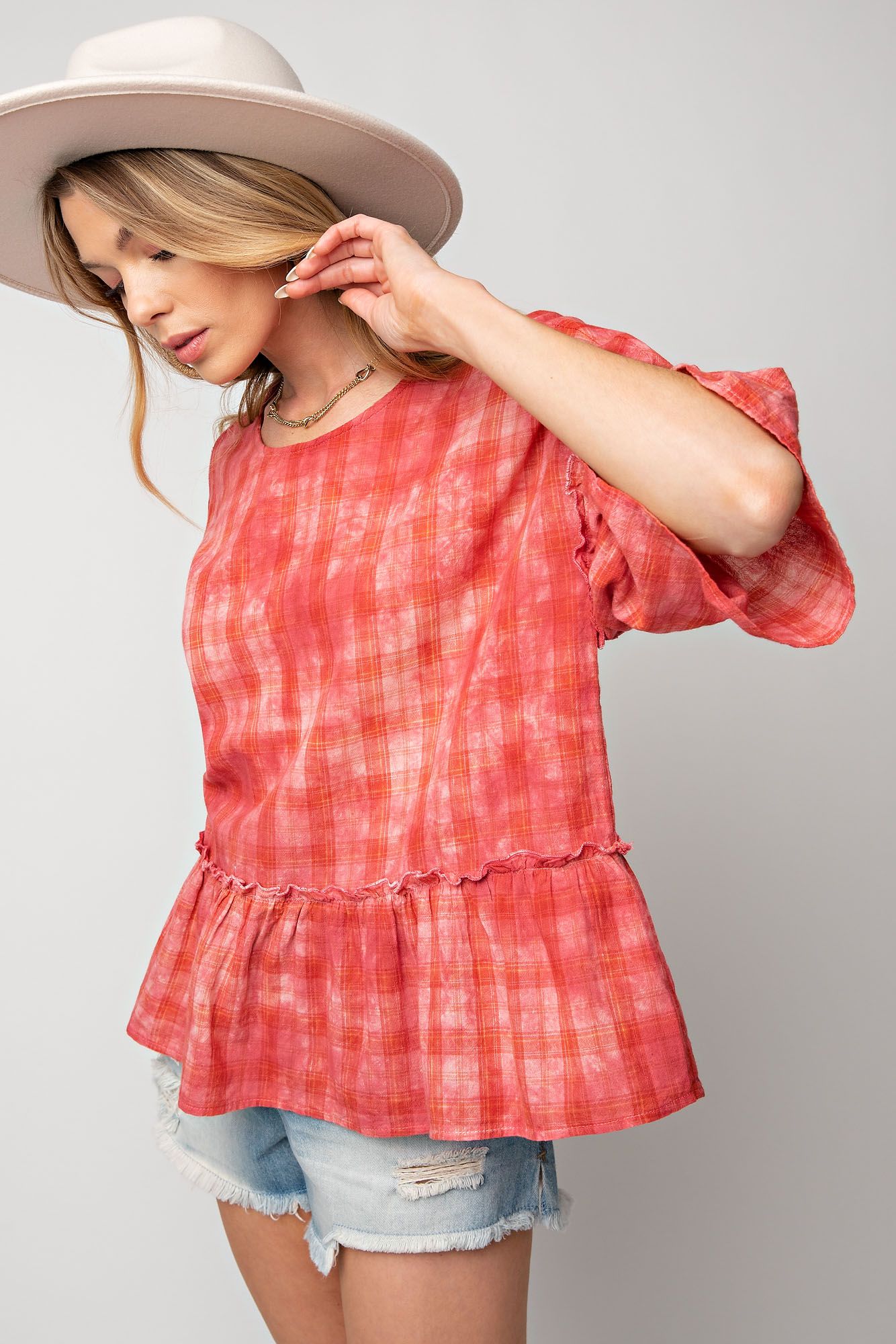 Easel Plus Overdye Washed Plaid Ruffle Bottom Tops