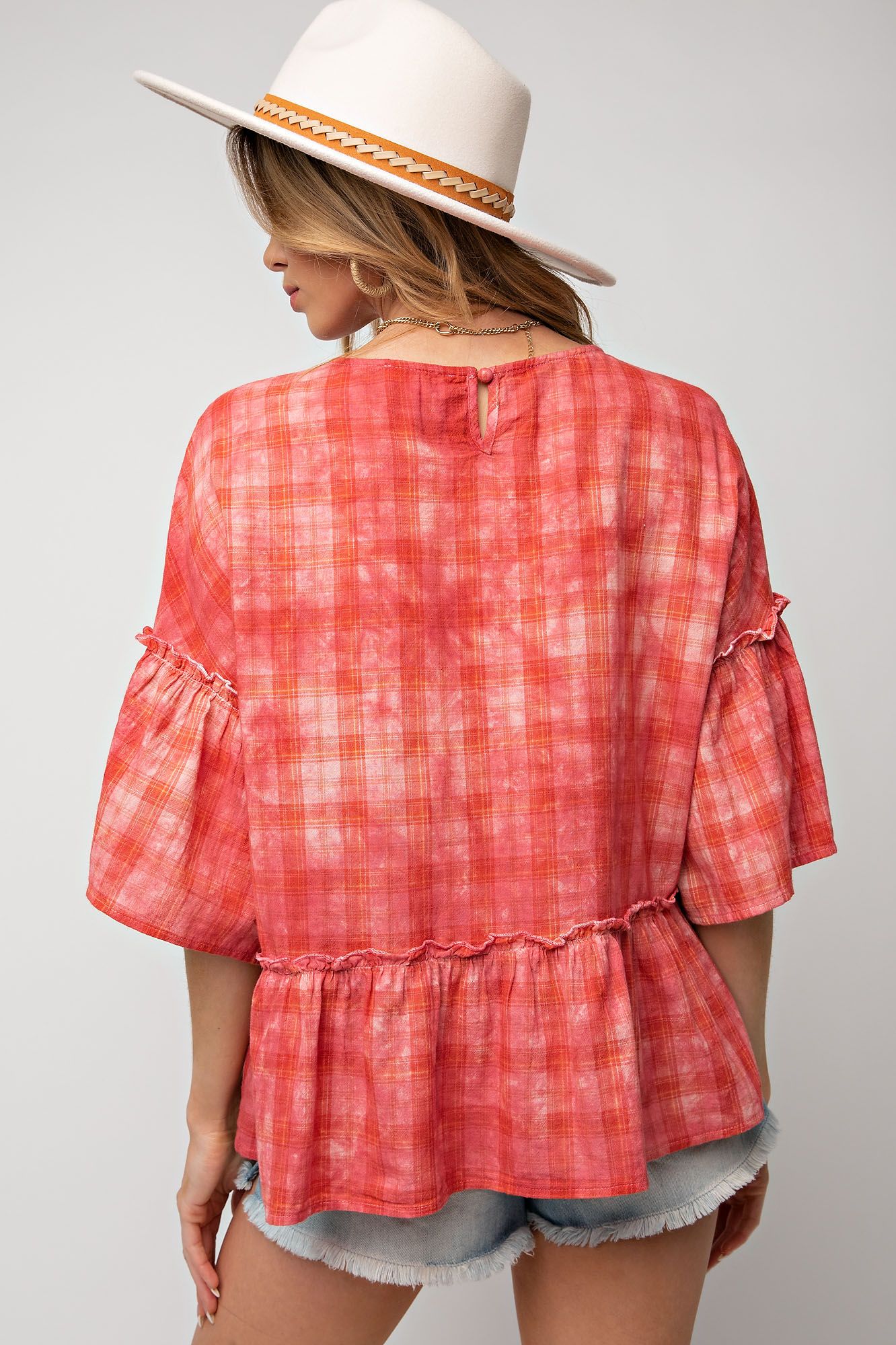 Easel Plus Overdye Washed Plaid Ruffle Bottom Tops