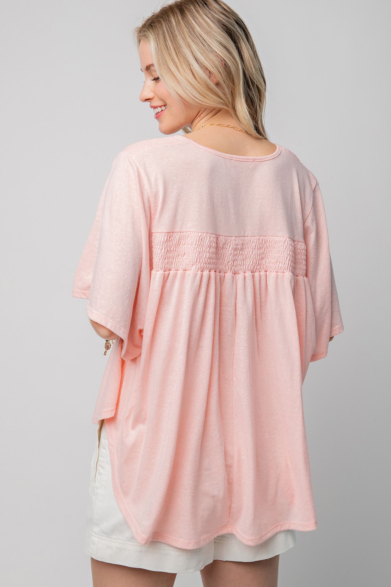 Easel Plus Cotton Melange Wing Sleeve Smocked Detail Knit Tops