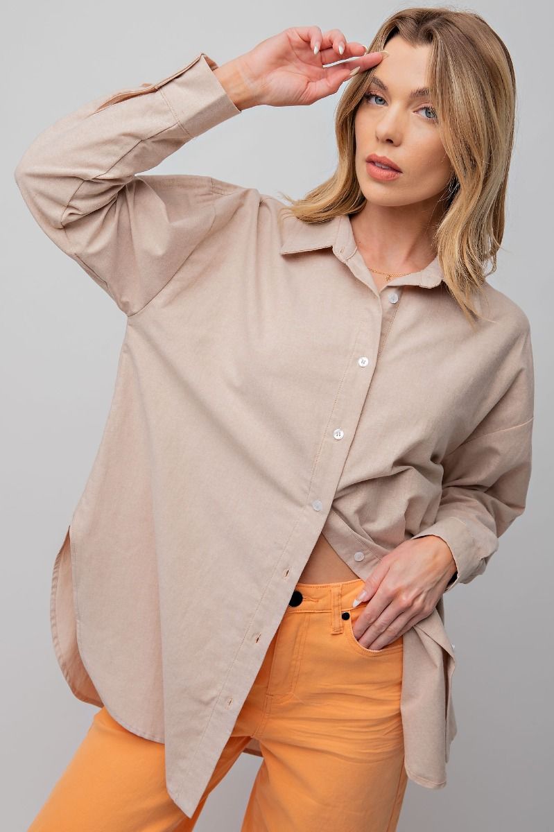 Easel Plus Linen Notched Neck Loose Fit Oversized Tops