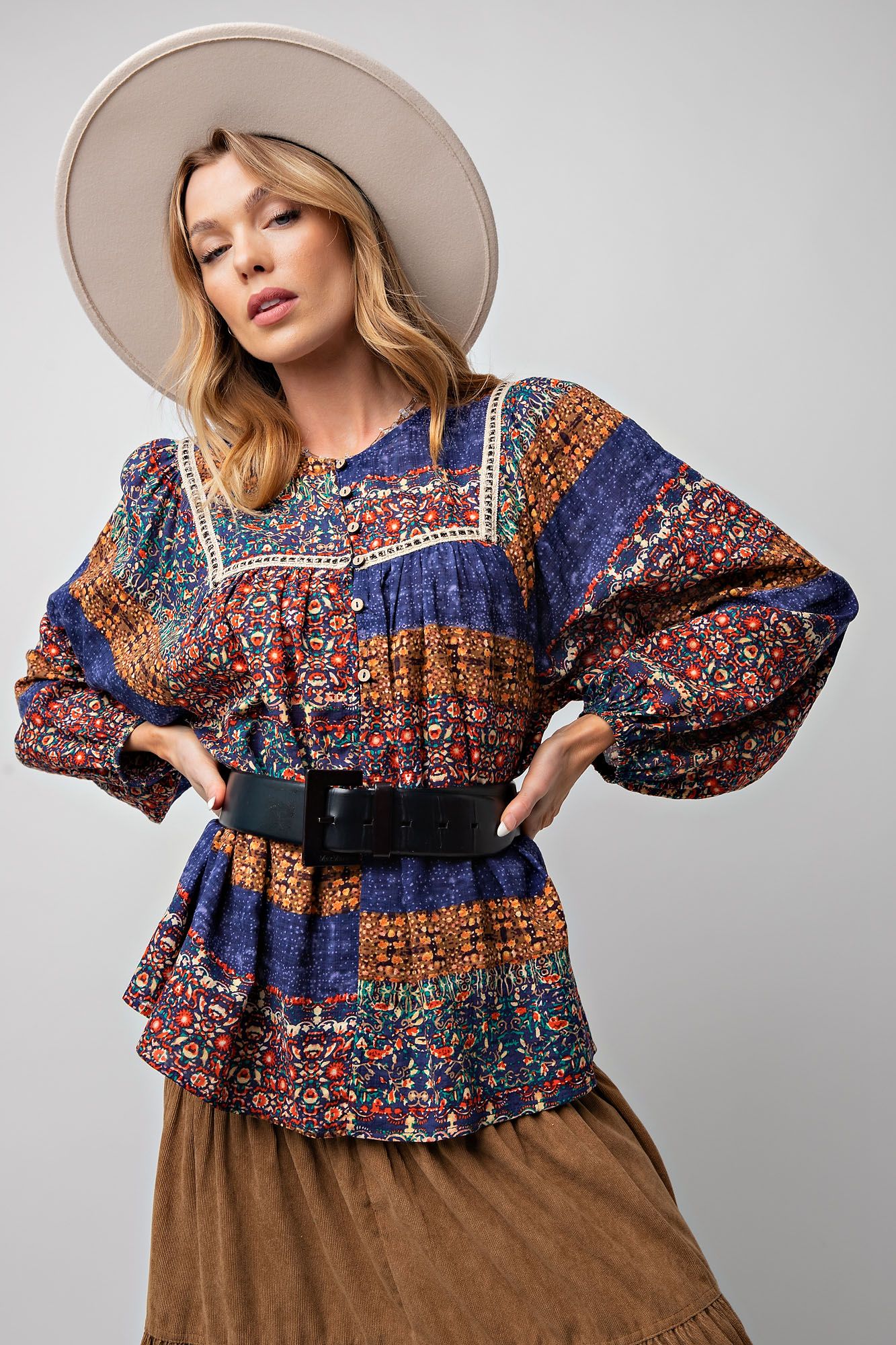 Easel Plus Boho Style Printed Cotton Voile Tops
