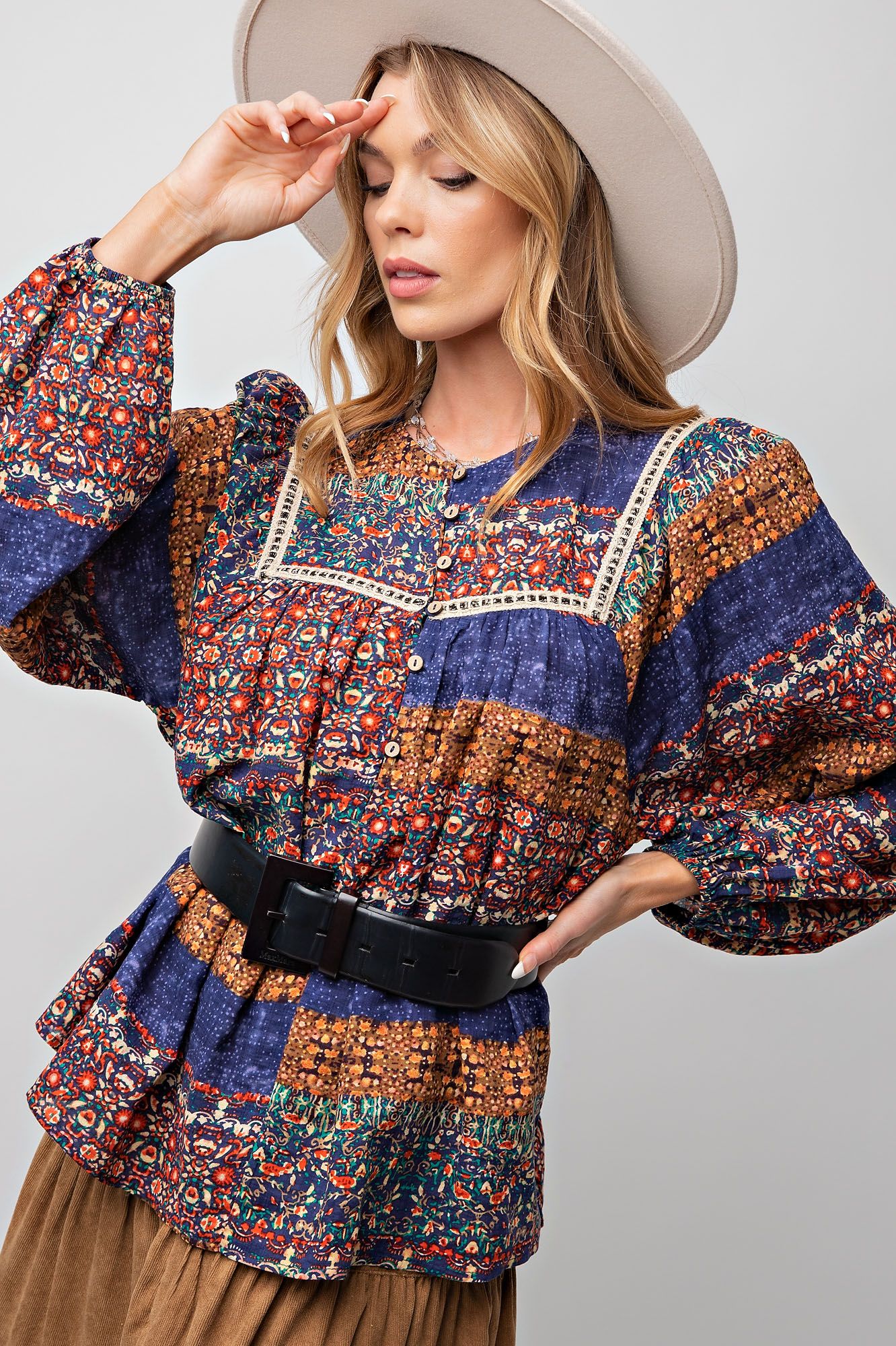 Easel Plus Boho Style Printed Cotton Voile Tops