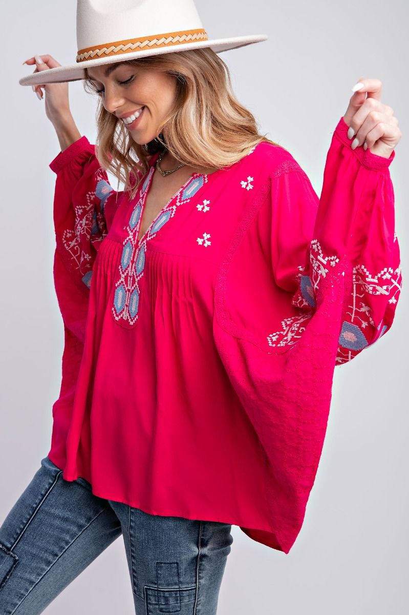 Easel Plus Challis Embroidered Notched Neck Loose Fit Tops