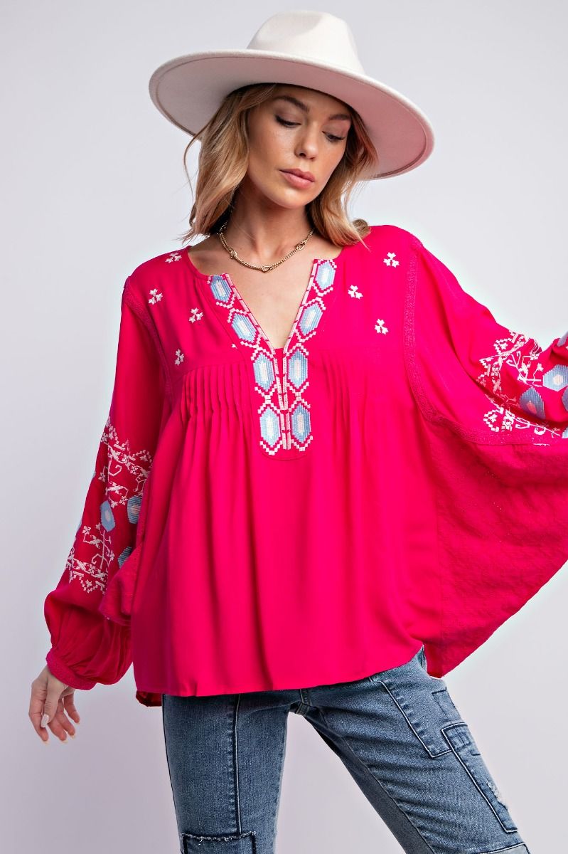 Easel Plus Challis Embroidered Notched Neck Loose Fit Tops
