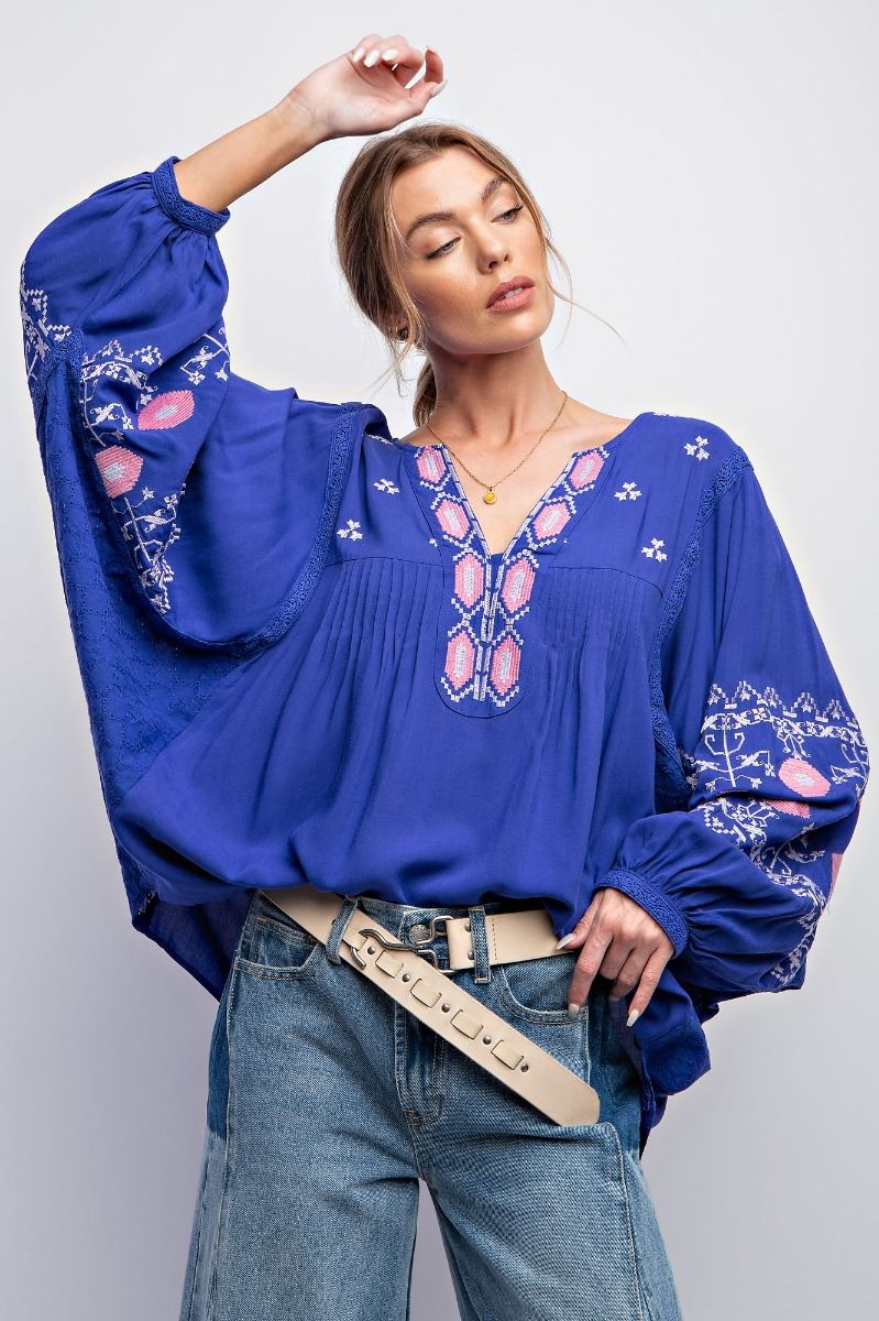 Easel Plus Challis Embroidered Notched Neck Loose Fit Tops