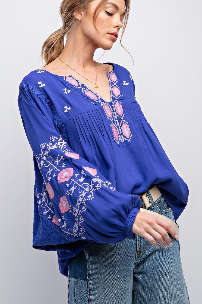 Easel Plus Challis Embroidered Notched Neck Loose Fit Tops