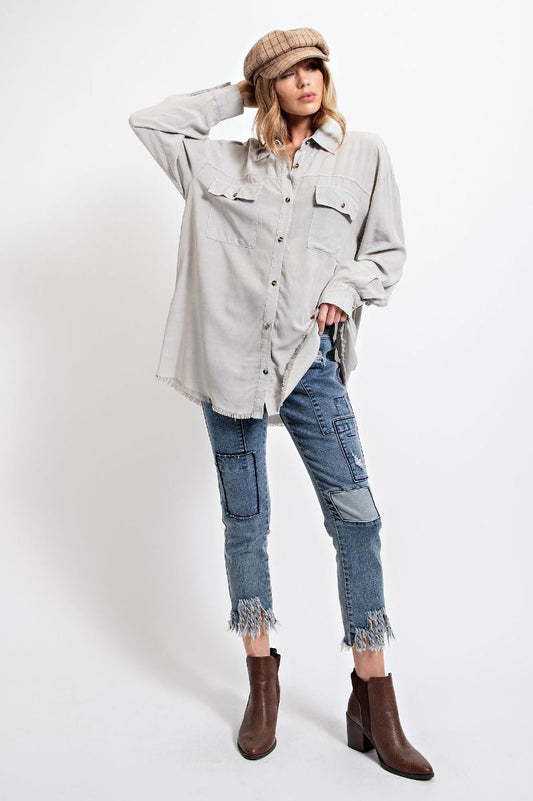Easel Plus Washed Button Down Frayed Raw Bottom Hem Shirt Tops