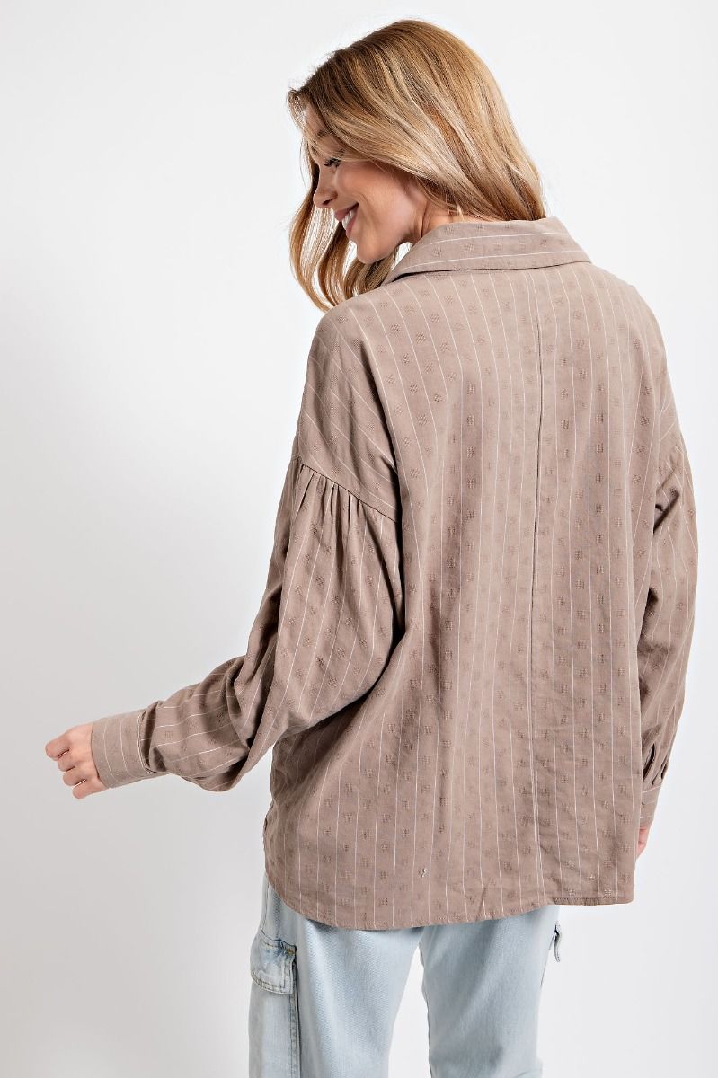Easel Plus Poly Linen Pinstripe Twisted Button Down Tops