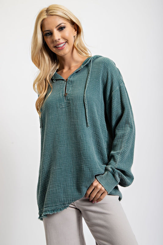 Easel Plus Washed Cotton Gauze Pullover Hoodie Tops