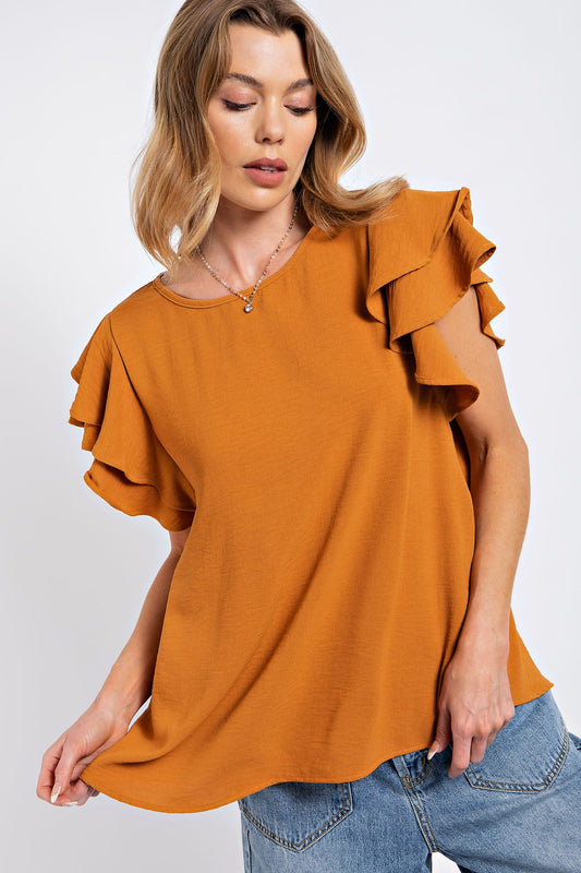 Easel Plus Double Ruffle Layer Wing Sleeves Rounded Neck Tops