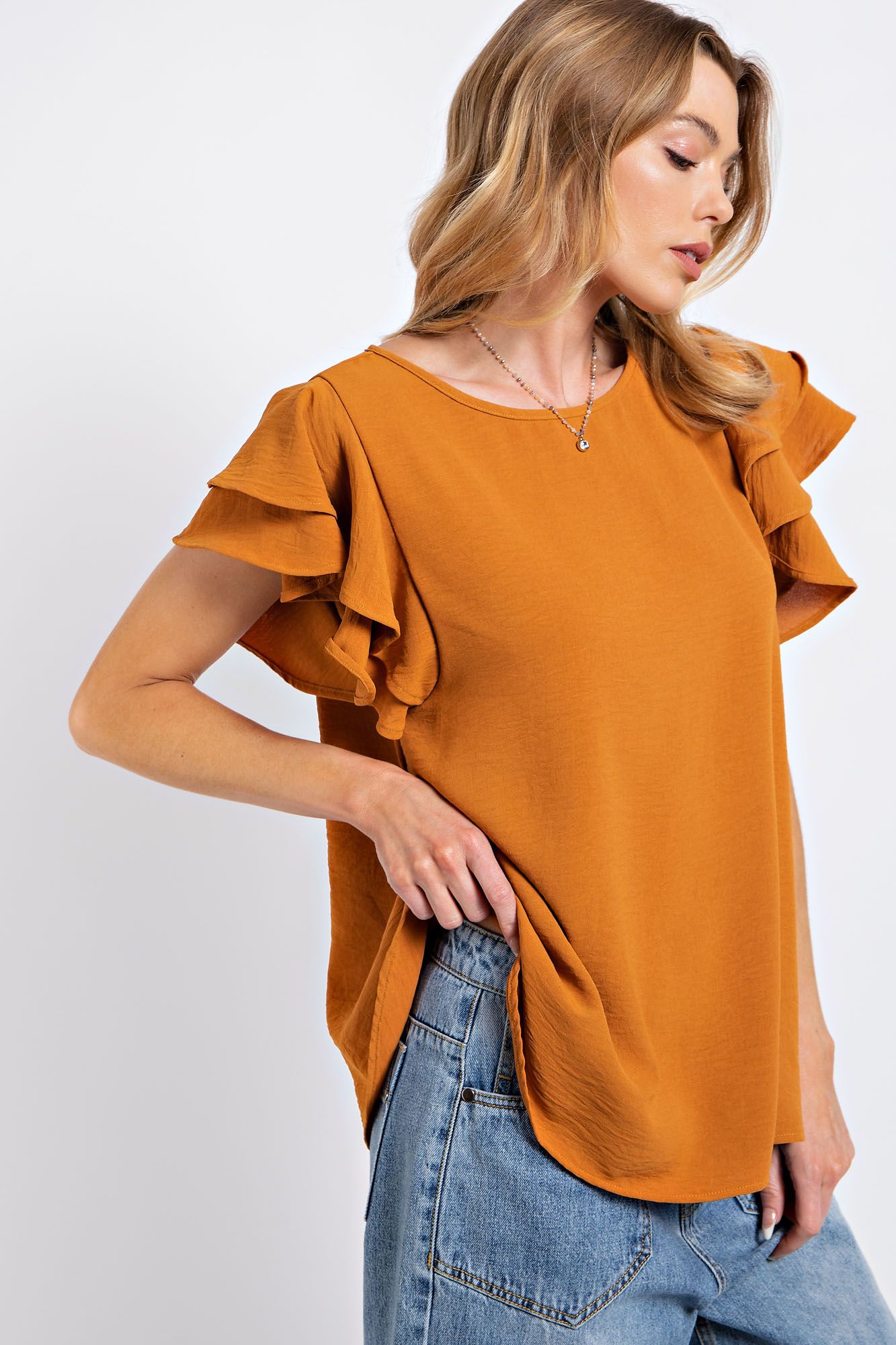 Easel Plus Double Ruffle Layer Wing Sleeves Rounded Neck Tops
