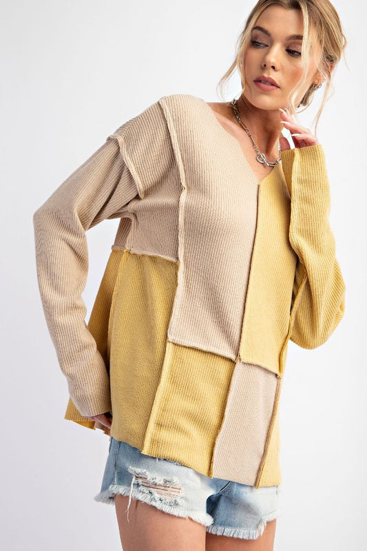 Easel Plus Color Block Rib Outseam Notched Neck Knit Tops