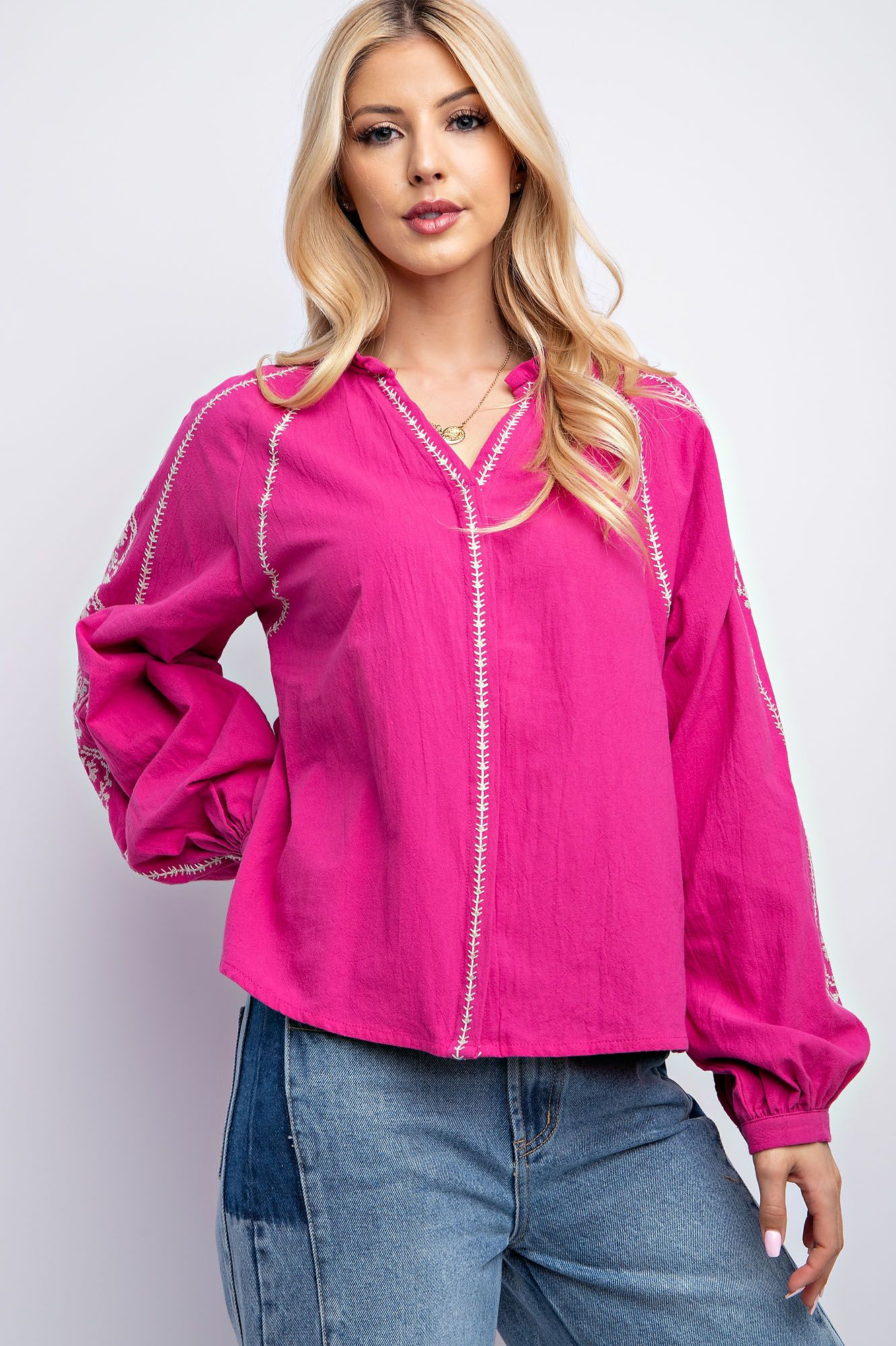 Easel Plus Embroidered Linen Gauze Loose Fit Notched Neck Tops