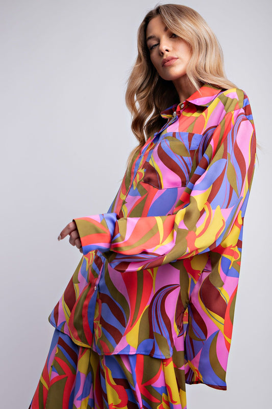 Easel Plus Vibrant Abstract Printed Mirabelle Satin Shirt Tops