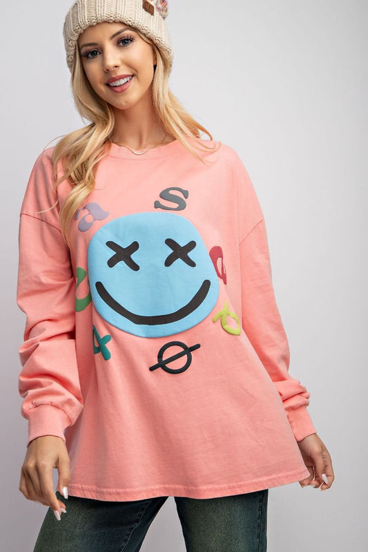 Easel Plus Smiley Face Mineral Washed Relaxed Fit Tops