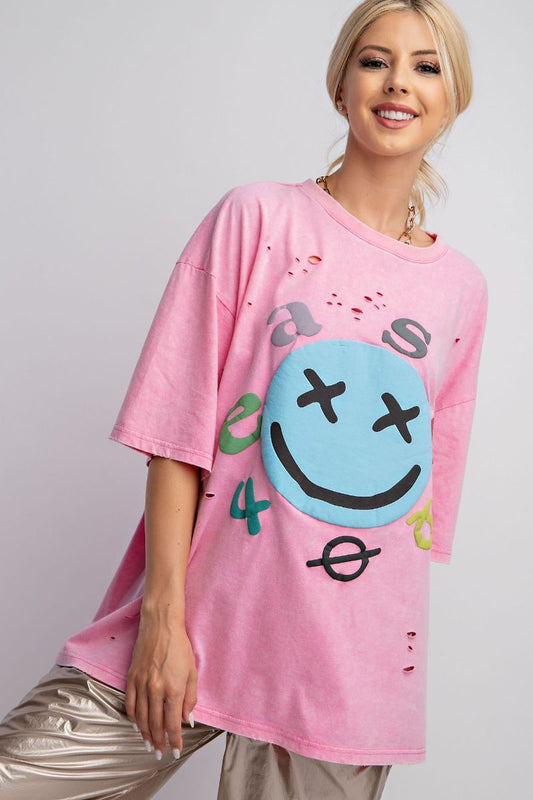 Easel Plus Mineral Washed Smiley Face Distressed Tops